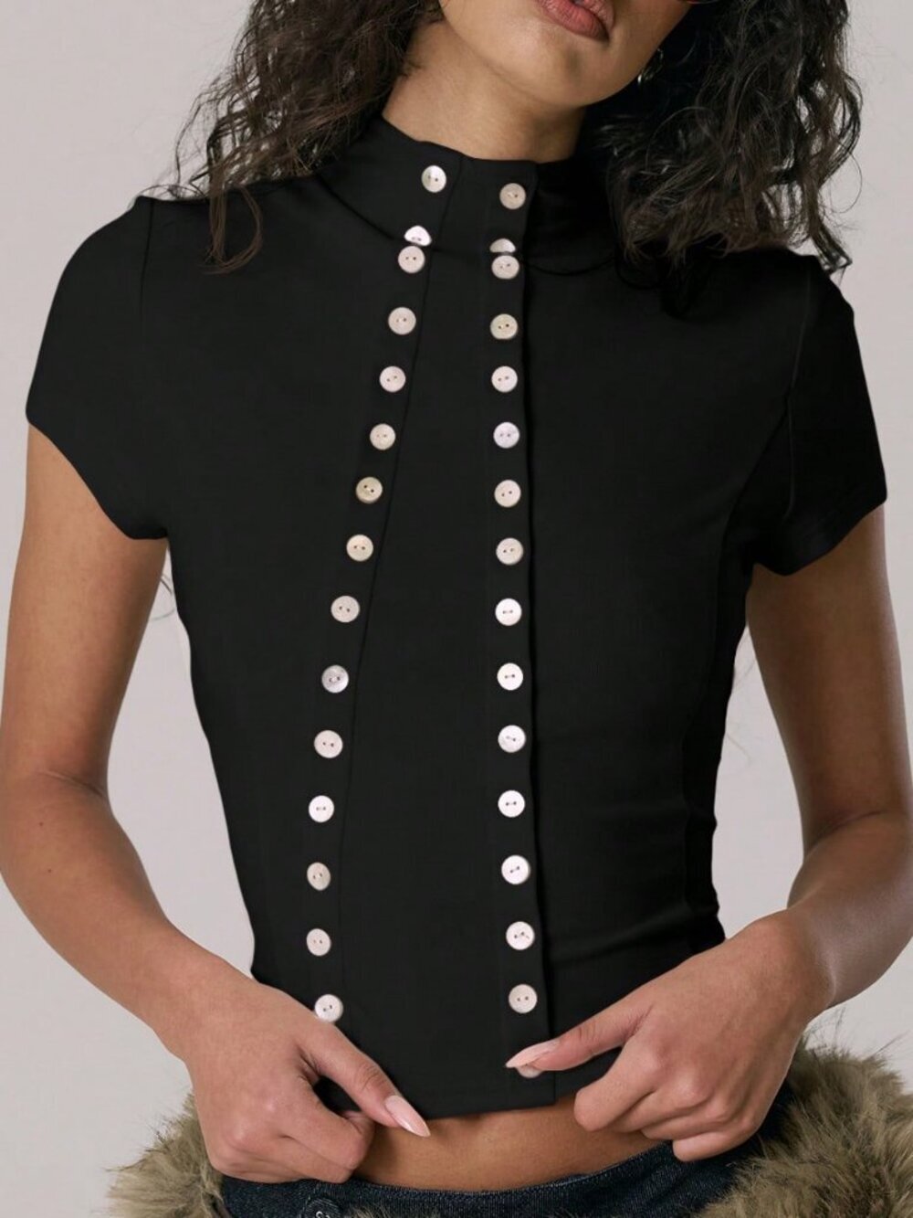 Black Elegant Women's Funnel Neck Double Button Front Detail Top